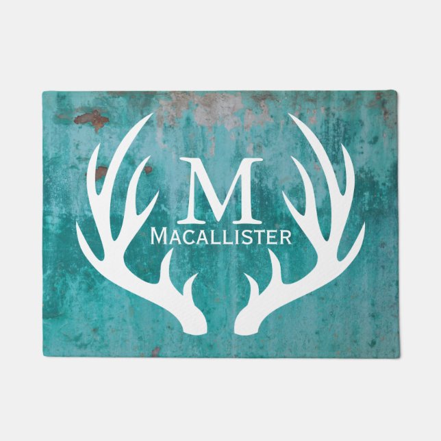 Rustic White Deer Buck Antlers & Teal Rusted Metal Doormat (Front)