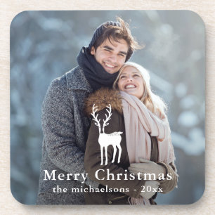 Rustic White Deer Christmas Holiday Photo Beverage Coaster