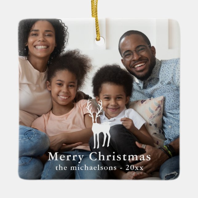 Rustic White Deer Christmas Holiday Photo Ceramic Ornament (Front)