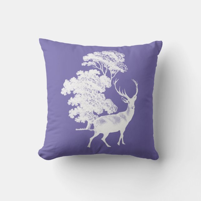 Rustic White Deer Silhouette on Periwinkle Blue Throw Pillow (Front)
