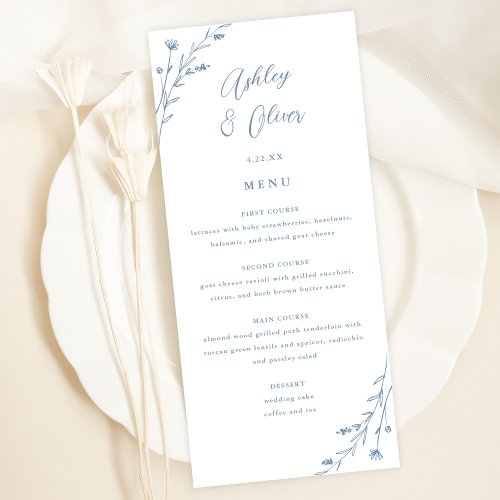 Rustic White  Dusty Blue Floral Wedding Menu Card
