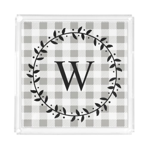 Rustic White Farmhouse Plaid  Black Wreath Acrylic Tray