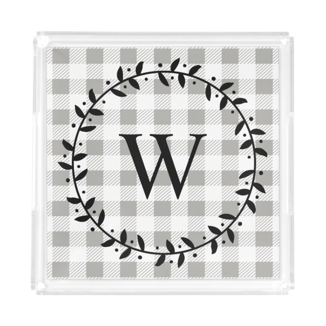Rustic White Farmhouse Plaid & Black Wreath Acrylic Tray (Front)
