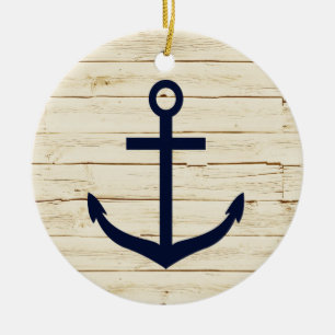 Rustic White Faux Wood with Anchor Ceramic Ornament