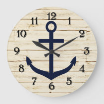 Rustic White Faux Wood with Anchor Large Clock