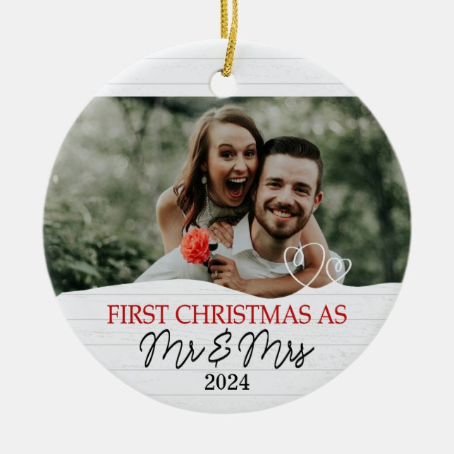 Rustic White First Christmas as Mr. & Mrs.  Ceramic Ornament (Front)