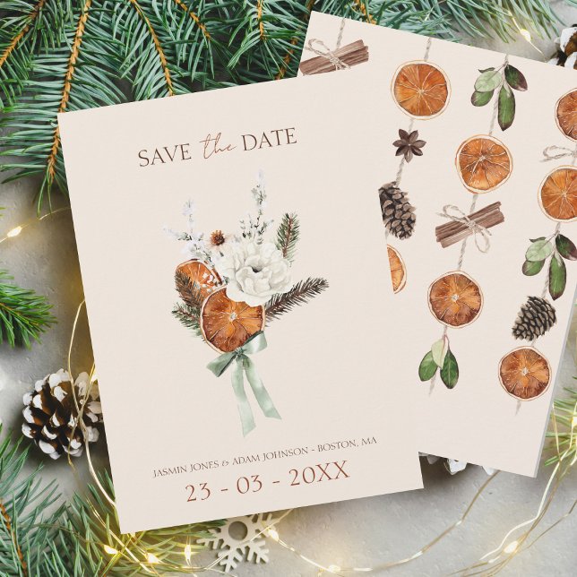 Rustic White Floral and Citrus Winter Wedding Save The Date (Winter Orange Slices Dried Citrus Cinnamon Wedding Save the Date Card)