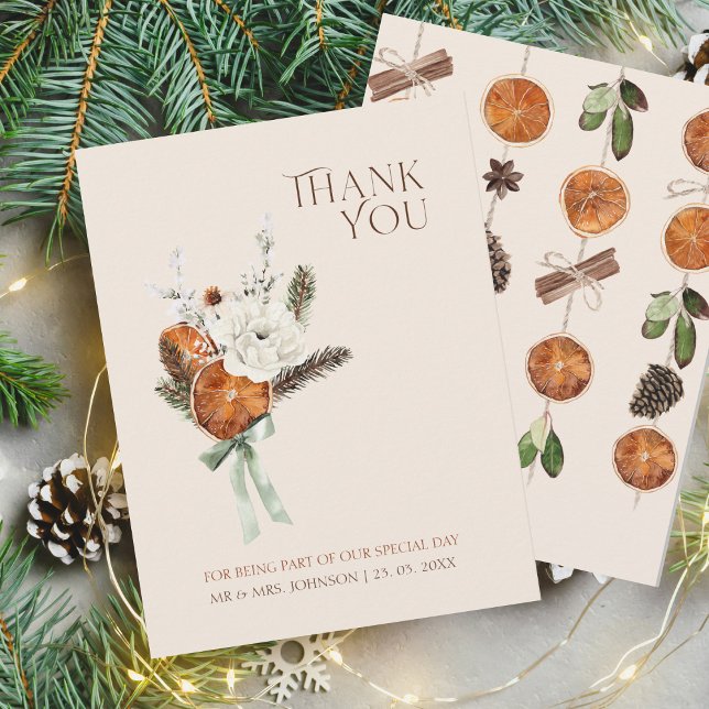 Rustic White Floral and Citrus Winter Wedding Thank You Card (Winter Orange Slices Dried Citrus Cinnamon Wedding Thank You Card)