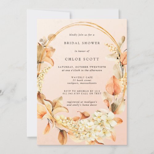 Rustic White Floral and Fall Leaves Bridal Shower Invitation