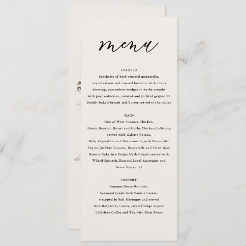 Rustic white floral and stag canopy barn wedding  menu