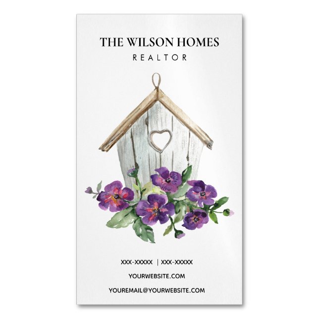 RUSTIC WHITE FLORAL BIRDHOUSE REAL ESTATE REALTOR BUSINESS CARD MAGNET (Front Vertical)