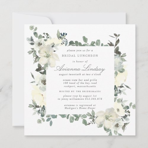 Rustic White Floral Botanical Bridal Luncheon Invitation