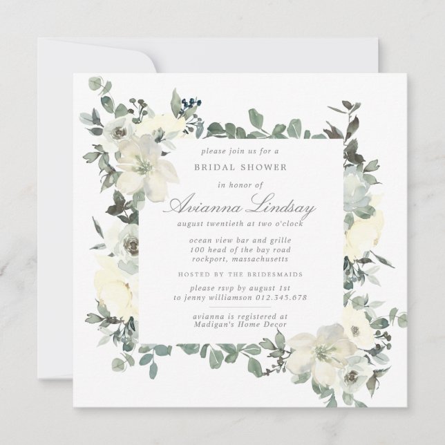 Rustic White Floral Botanical Bridal Shower Invitation (Front)