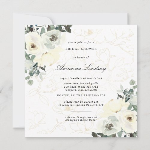 Rustic White Floral Botanical Bridal Shower Invitation