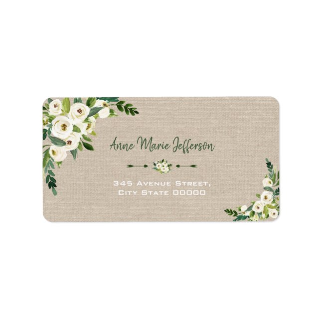 Rustic White Floral Burlap Handwriting Wedding Label (Front)