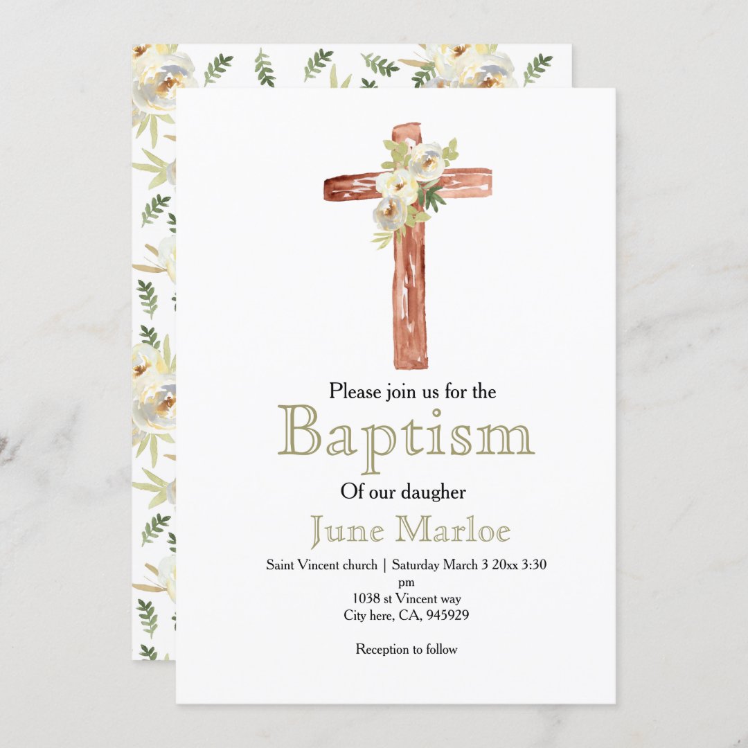 Rustic white floral cross baptism Invitation | Zazzle