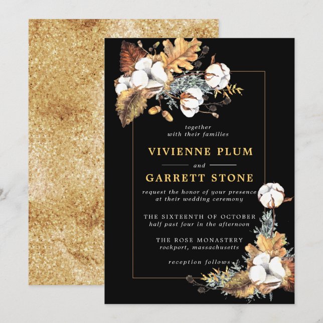 Rustic White Floral Gold Autumn Leaves Wedding Invitation (Front/Back)
