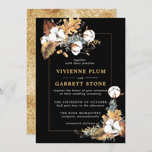 Rustic White Floral Gold Autumn Leaves Wedding Invitation
