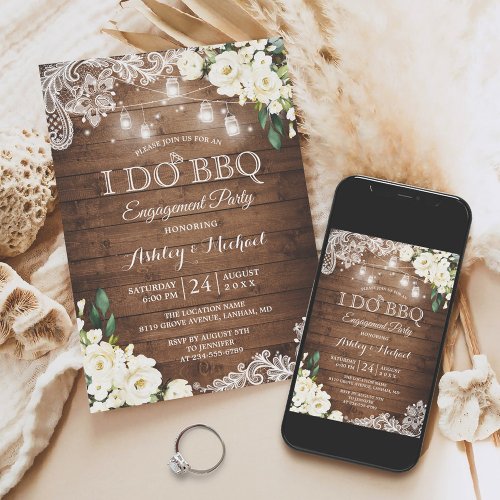 Rustic White Floral I DO BBQ Engagement Party Invitation