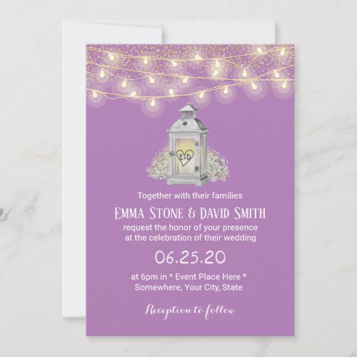 Rustic White Floral Lantern Pastel Purple Wedding Invitation