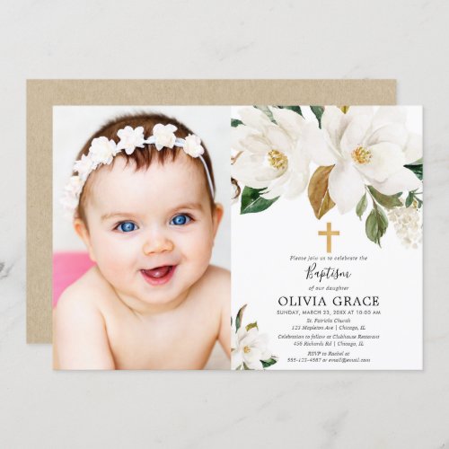 Rustic white floral magnolia fall baptism photo invitation