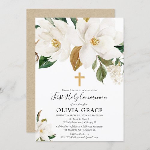 Rustic white floral magnolia first communion invitation