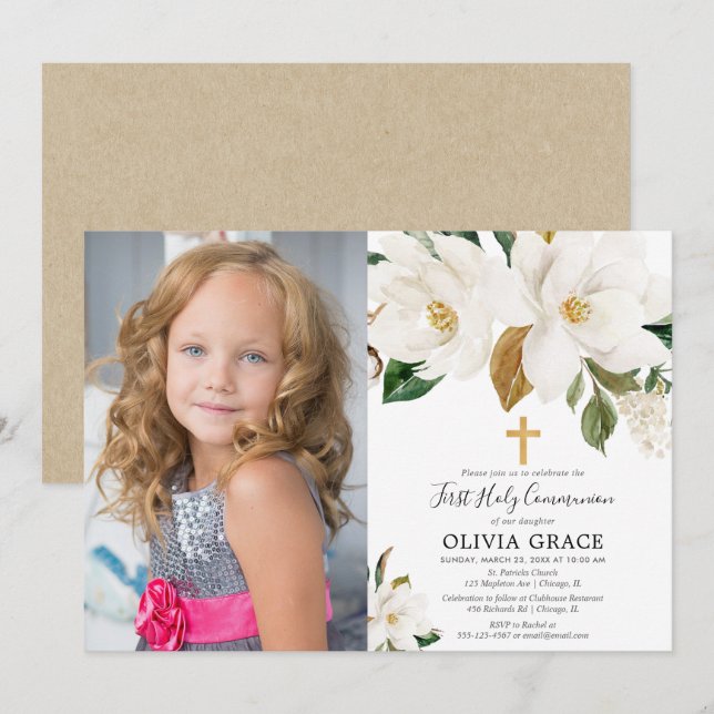 Rustic white floral magnolia first communion photo invitation (Front/Back)