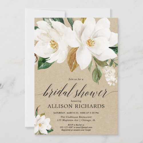 Rustic white floral magnolia flower bridal shower invitation
