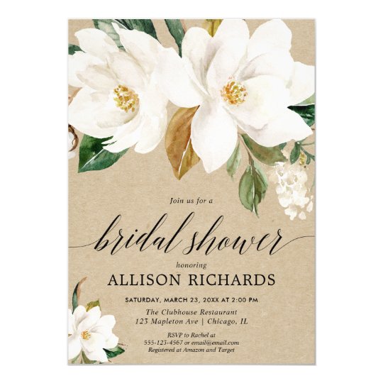 Rustic white floral magnolia flower bridal shower invitation