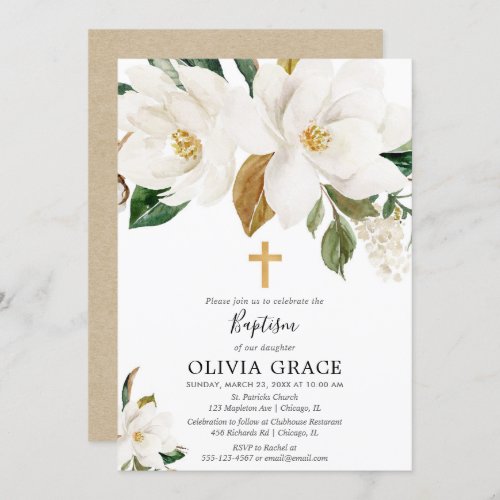 Rustic white floral magnolia greenery baptism invitation