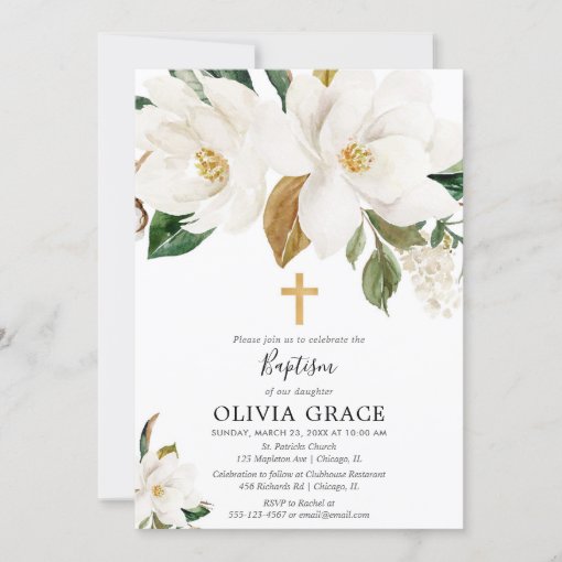 Rustic white floral magnolia greenery baptism invitation | Zazzle