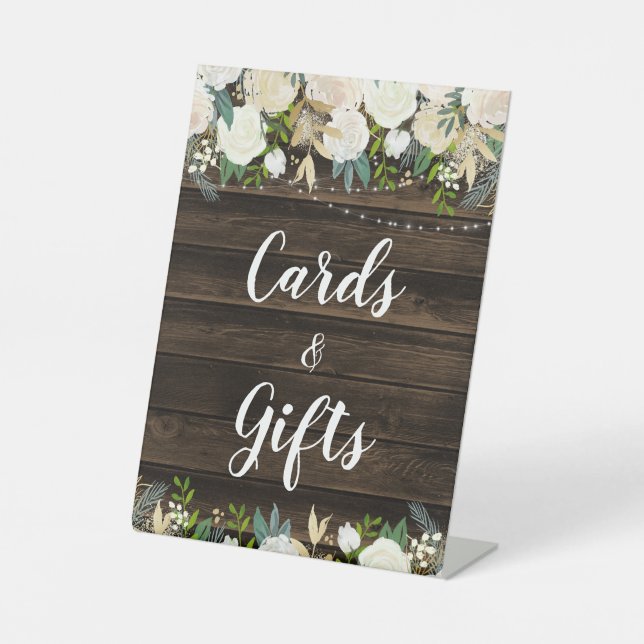 Rustic White Floral String Lights Cards & Gifts Pedestal Sign (Front)