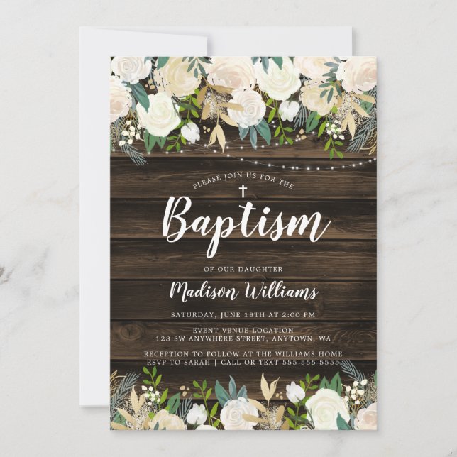Rustic White Floral String Lights Girl Baptism Invitation (Front)