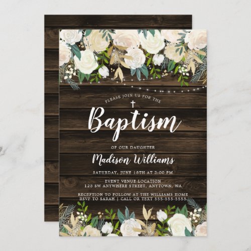 Rustic White Floral String Lights Girl Baptism Invitation