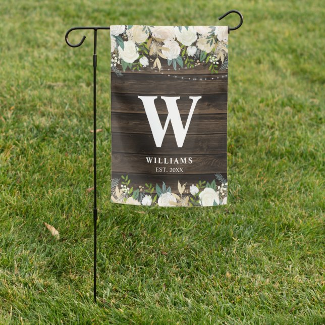 Rustic White Floral String Lights Personalized Garden Flag (In SItu)