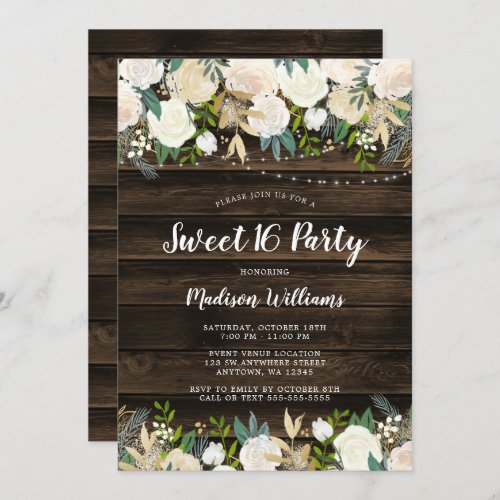 Rustic White Floral String Lights Sweet 16 Invitation