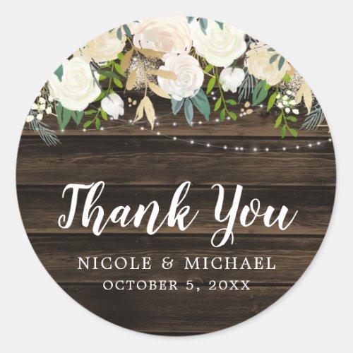 Rustic White Floral String Lights Wedding Classic Round Sticker
