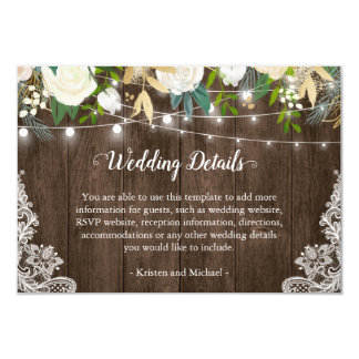 Rustic White Floral String Lights Wedding Details Card