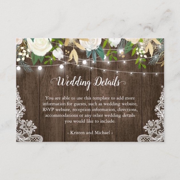 Rustic White Floral String Lights Wedding Details Enclosure Card