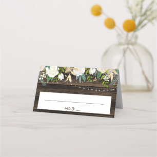 Rustic White Floral String Lights Wedding Folded Place Card