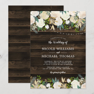 Rustic White Floral String Lights Wedding Invitation