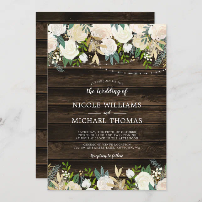 Rustic White Floral String Lights Wedding Invitation | Zazzle