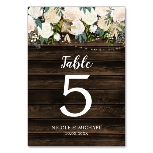 Rustic White Floral String Lights Wedding Table Number