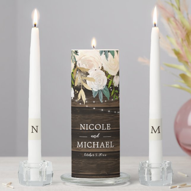 Rustic White Floral String Lights Wedding Unity Candle Set (In Situ)