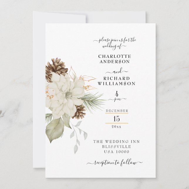 Rustic White Floral with Pinecone  Invitation (Front)