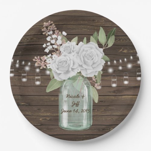 Rustic White Flower Country Wood Mason Jar Wedding Paper Plates