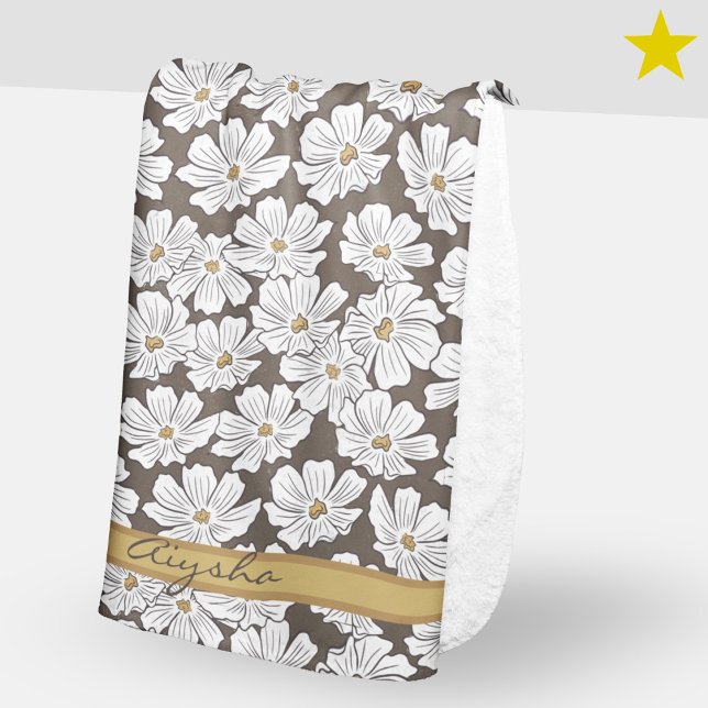 Rustic White Flower Sketch Yellow Gray Custom Name Sherpa Blanket (Creator Uploaded)