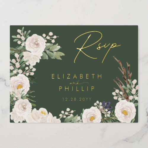 Rustic White Flowers Gold Green Greenery RSVP Foil Invitation Postcard