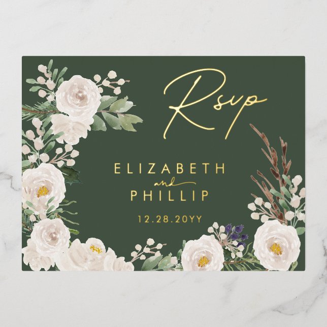 Rustic White Flowers Gold Green Greenery RSVP Foil Invitation Postcard (Front)