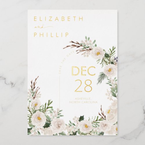 Rustic White Flowers Gold Greenery Save The Date Foil Invitation